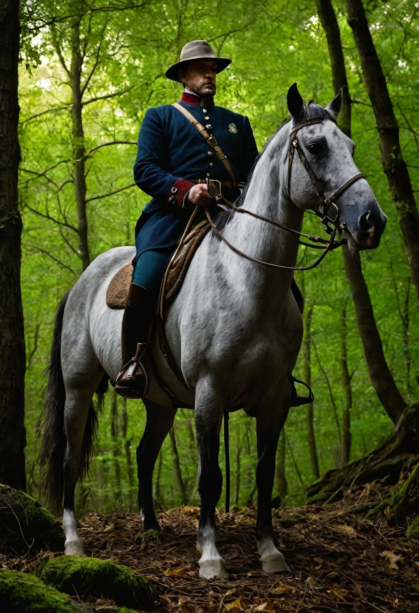 Lordly man in hunting garb atop a dapple drey horse, in the woods, dramatic lighting, full shot, posed, lordly, woods, hunting hounds