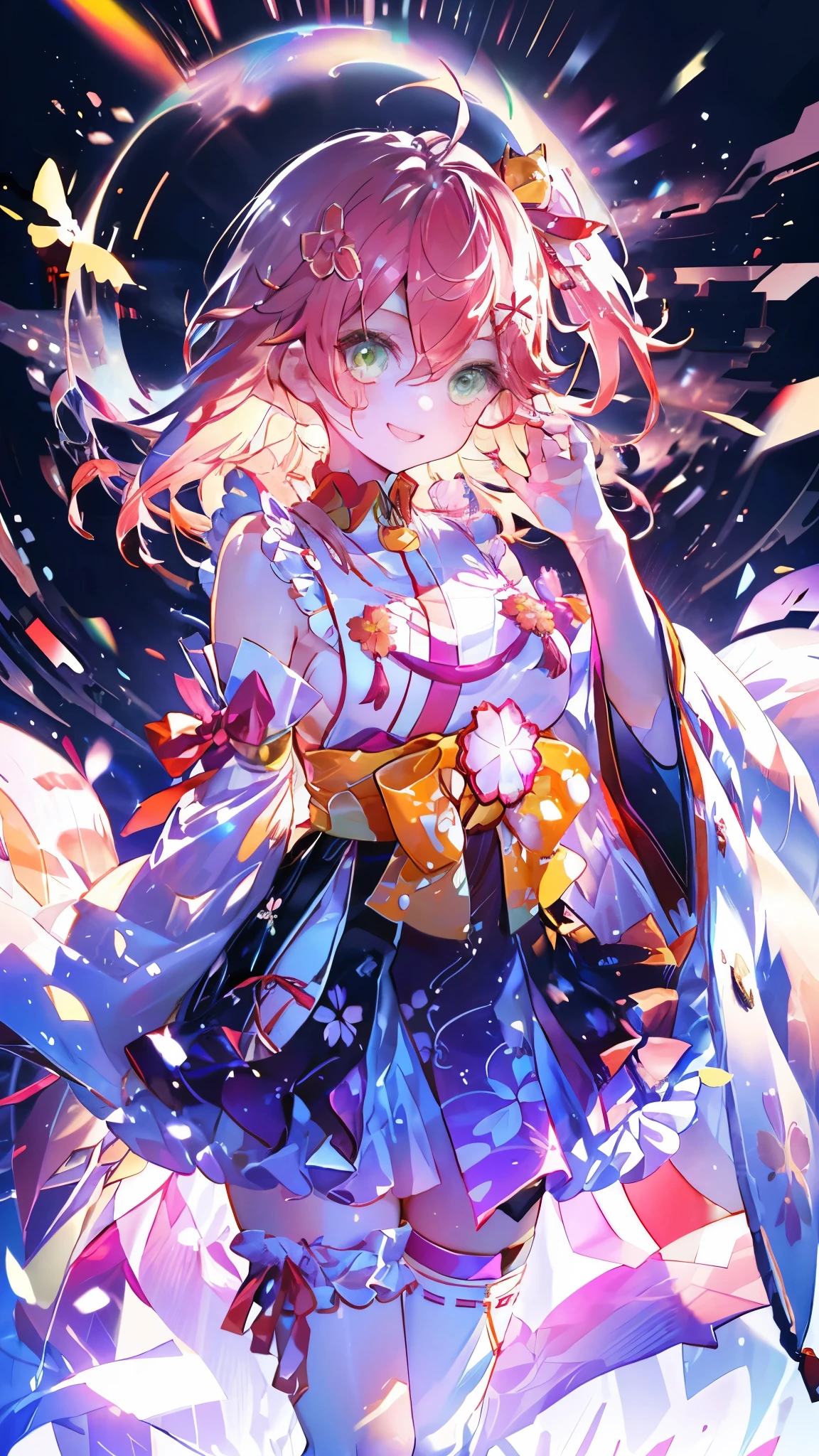 (Ultra-high resolution,masterpiece, Attention to detail, Highest quality), 8k,(miko1, sakura miko, 1girl, green eyes, 独奏, ahoge, x hair ornament, pink hair, single thighhigh, sideboob, hairclip, hair bell, floral print, long hair, hair between eyes, one side up, white thighhighs, asymmetrical legwear, wide sleeves),(Blessed,Captivating body、Ultra-detailed skin、Super beautiful eyes、Detailed Background),One girl、 (cheerful ,enjoy :1.5),