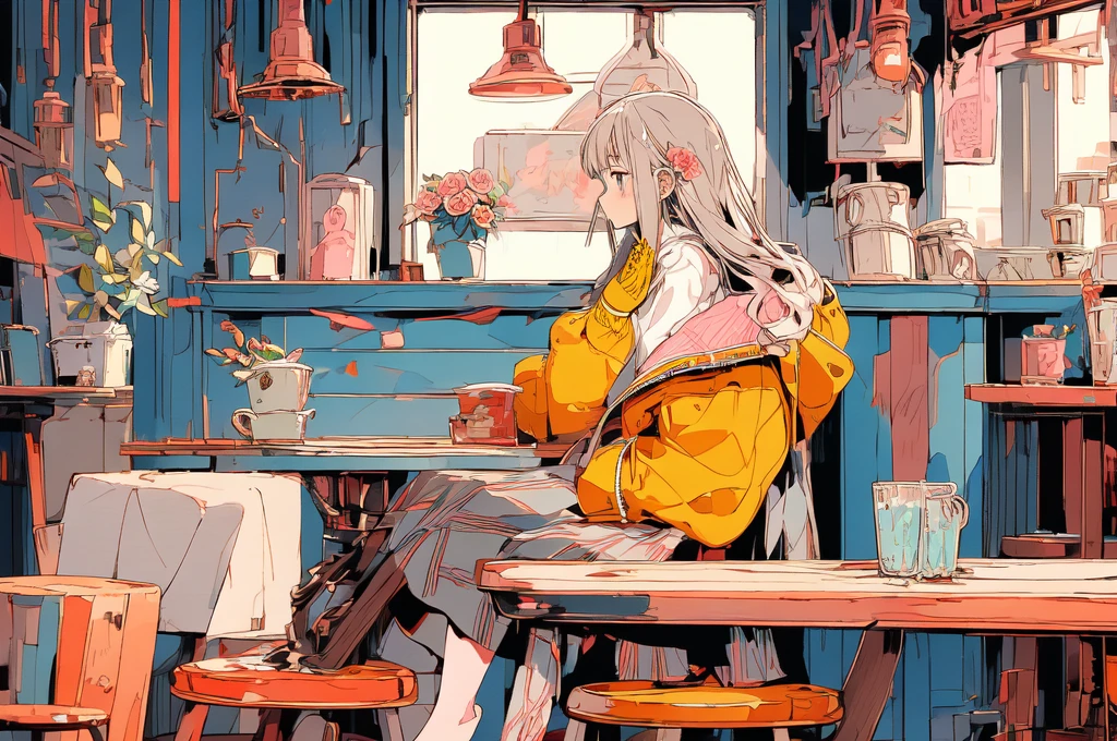 (masterpiece:1.2)、Highest quality、PIXIV、flot、 1girl, A woman、solo, Sitting, Long Hair, flower, Chair, Food, ピンクのflower, cup, Keep, Long sleeve, ピンクのskirt, Rose, skirt, Jacket, Grey Hair, surface, Pink Roses, Indoors, blush, bangs, factory, Keepcup, のJacket, profile, coat, 長いskirt, flower瓶