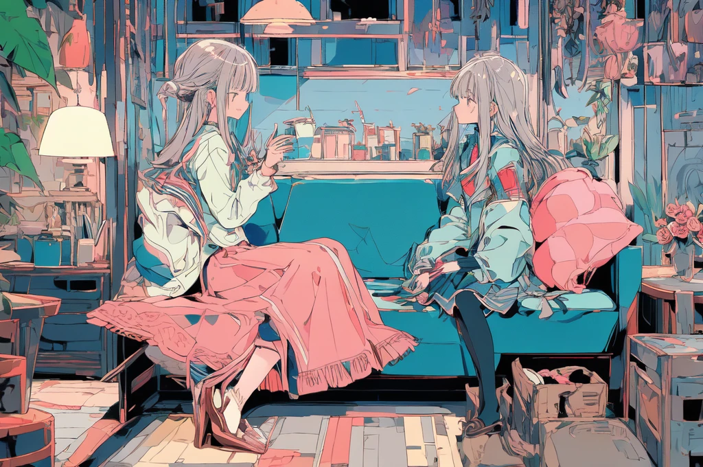 (masterpiece:1.2)、Highest quality、PIXIV、flot、 1girl, A woman、solo, Sitting, Long Hair, flower, Chair, Food, ピンクのflower, cup, Keep, Long sleeve, ピンクのskirt, Rose, skirt, Jacket, Grey Hair, surface, Pink Roses, Indoors, blush, bangs, factory, Keepcup, のJacket, profile, coat, 長いskirt, flower瓶