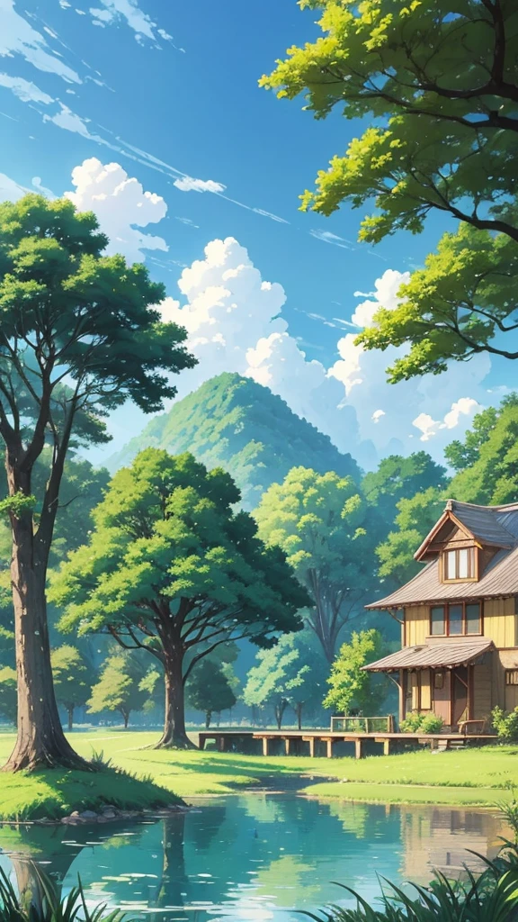 painting of a lake with a tree, a digital rendering by Miyazaki, pixiv contest winner, fantastic realism, studio ghibli sky, anime countryside landscape, beautifull puffy clouds. anime, beautiful anime scene, house background, ghibli vibe, studio ghibli art style, studio ghibli artstyle, studio ghibli environment, ghibli artstyle, summer afternoon