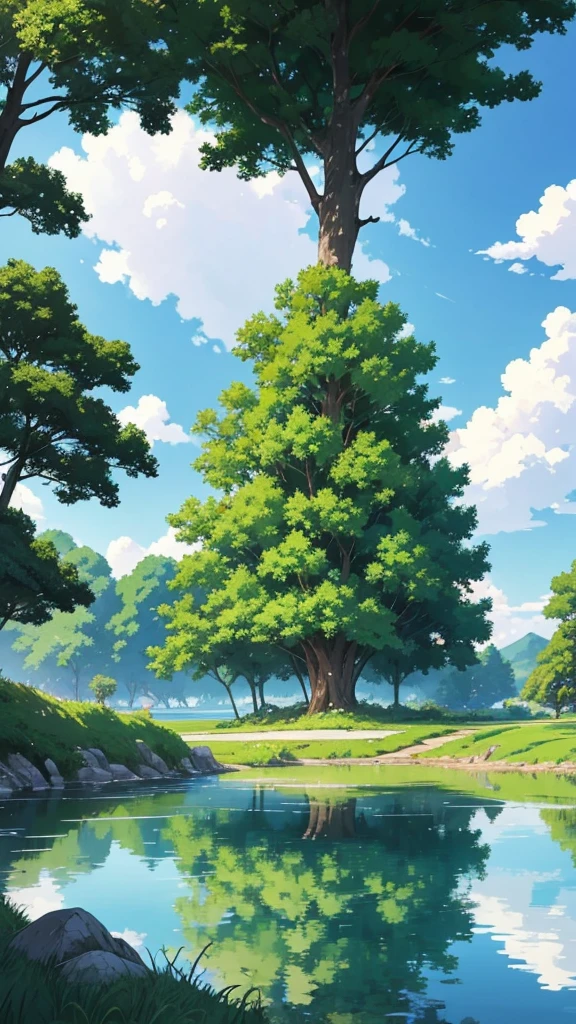 painting of a lake with a tree, a digital rendering by Miyazaki, pixiv contest winner, fantastic realism, studio ghibli sky, anime countryside landscape, beautifull puffy clouds. anime, beautiful anime scene, house background, ghibli vibe, studio ghibli art style, studio ghibli artstyle, studio ghibli environment, ghibli artstyle, summer afternoon