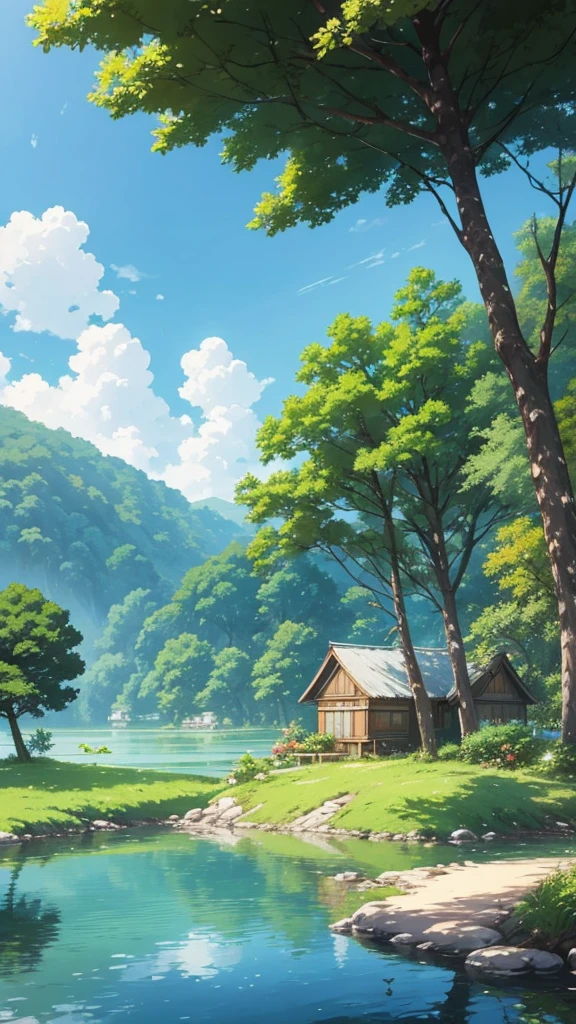 painting of a lake with a tree, a digital rendering by Miyazaki, pixiv contest winner, fantastic realism, studio ghibli sky, anime countryside landscape, beautifull puffy clouds. anime, beautiful anime scene, house background, ghibli vibe, studio ghibli art style, studio ghibli artstyle, studio ghibli environment, ghibli artstyle, summer afternoon