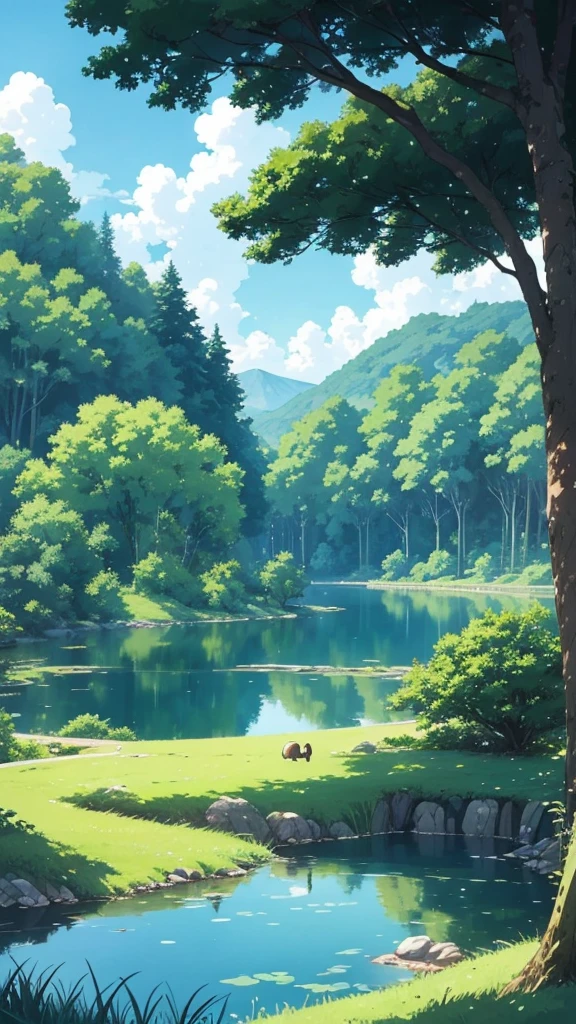 painting of a lake with a tree, a digital rendering by Miyazaki, pixiv contest winner, fantastic realism, studio ghibli sky, anime countryside landscape, beautifull puffy clouds. anime, beautiful anime scene, house background, ghibli vibe, studio ghibli art style, studio ghibli artstyle, studio ghibli environment, ghibli artstyle, summer afternoon
