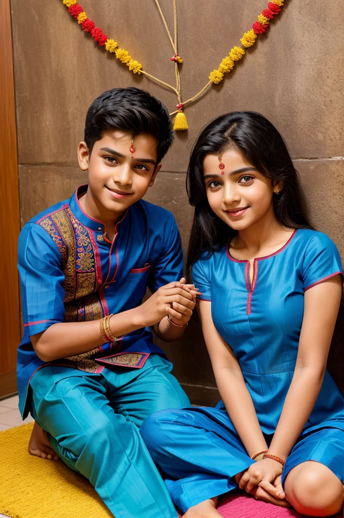 Raksha bandhan photo
A real 20 year old  Cute boy and girl are sitting face to face on a colorful mat in the home lobby, the boy has extended one of his hands forward, And Girl tying Rakhi on brother's hand. boy is wearing a Blue  colored kurta And the girl is wearing a Red Lahenga, boy has a gift box in his other hand, is smiling, boy has applied tilak on his forehead, and on the wall in bold letters "HAPPY RAKSHA BANDHAN" "Harish & Nisha" It is written, 4k image