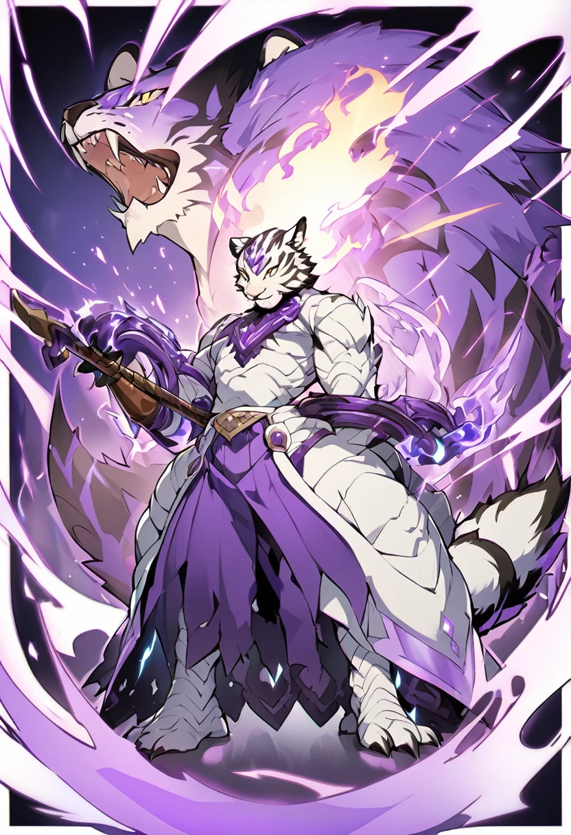 Kato - 400 y.o. familiar. Kato is a familiar - magical animal, that can use magic for his own protection and safety. His powers shows in ability to cast a special kind of cursed flames, coloured in purple. He also can use a special kind of power curse, called binding vow. In that case, Kato becomes quite bigger and stronger, with yellow eyes, taking a form of a saber-toothed tiger with fluffy tail, with his mouth exhaling two lines of purple fire on the sides.
