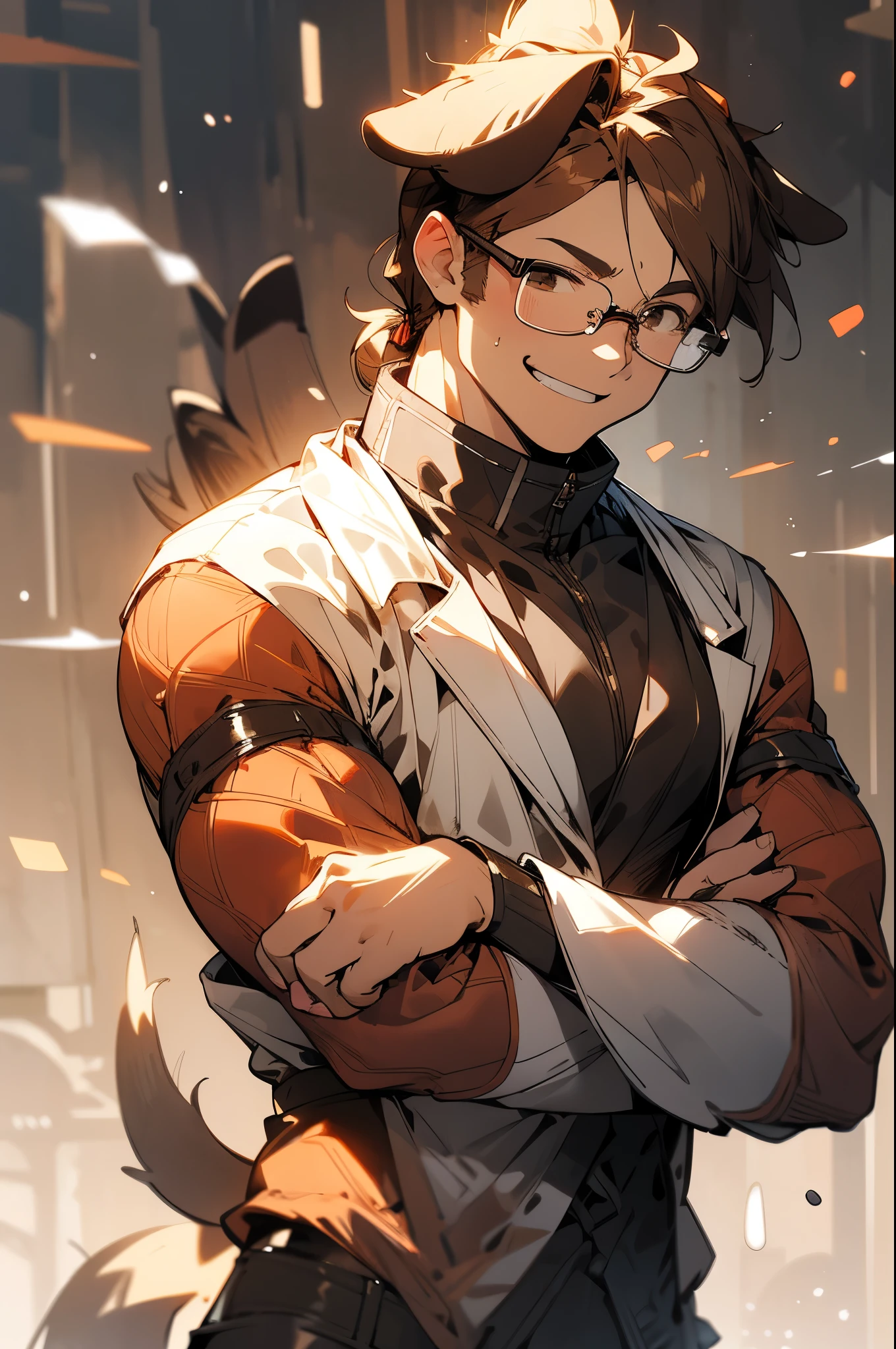 muscular, glasses, brown hair, glasses, smirk, school background, upper body, man bun, brown eyes, cowboy shot, dog human,dog tail, dog ears,