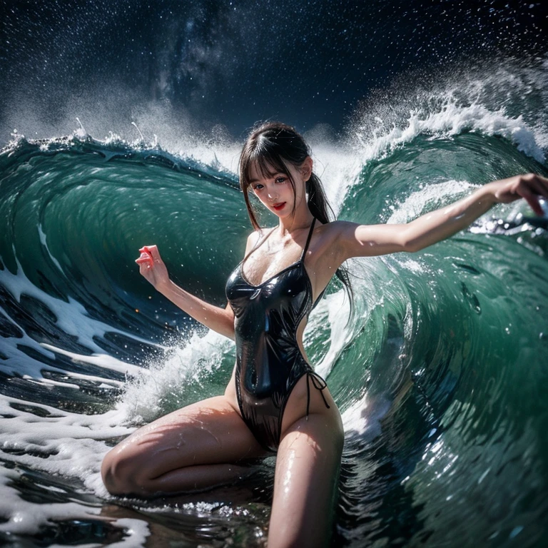 arafe woman, bikini set, insistent, bend, look up, look at the sky, hair is flowing, long hair floating, floating hairลมแรง!!, floating hair, floating hairอยู่บนน้ำ, water flows through hair, ((water floats overhead., Drops of water floated on his head in a spiral.., lots of water drops.)), in the water up to her shoulders, My hair was wet and silky.., Spray a lot of water., hair is flowingลง, in the water, hair blowing in the wind, Soak wet hair, view from the side, big breasts, ลำตัวอยู่in the water, Young girl shakes her hair in the sea