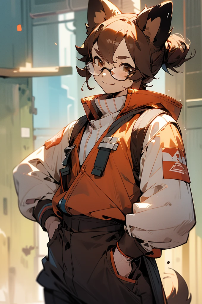 muscular, glasses, brown hair, glasses, smirk, school background, upper body, man bun, brown eyes, cowboy shot, dog human,dog tail, dog ears, arms in pockets