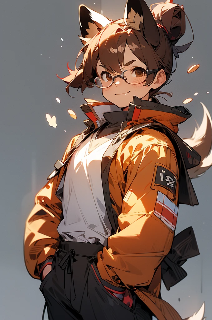 muscular, glasses, brown hair, glasses, smirk, school background, upper body, man bun, brown eyes, cowboy shot, dog human,dog tail, dog ears, arms in pockets