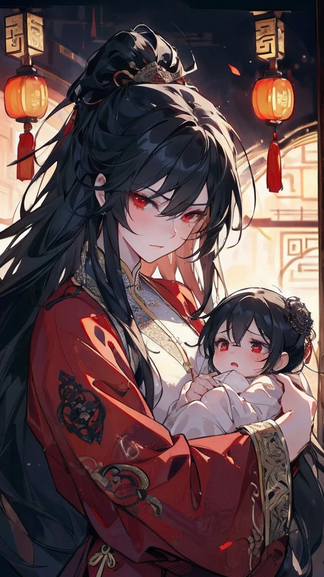 (extremely detailed 8K wallpaper),(ultra-detailed),(best quality),(masterpiece),(highly detailed),(cinematic lighting),(Original),Cold ligh，moody,(Chinese elaborate-style painting ),ink style, black hair, red eyes, cry, sad face, holding her little baby, looking her , mother love
