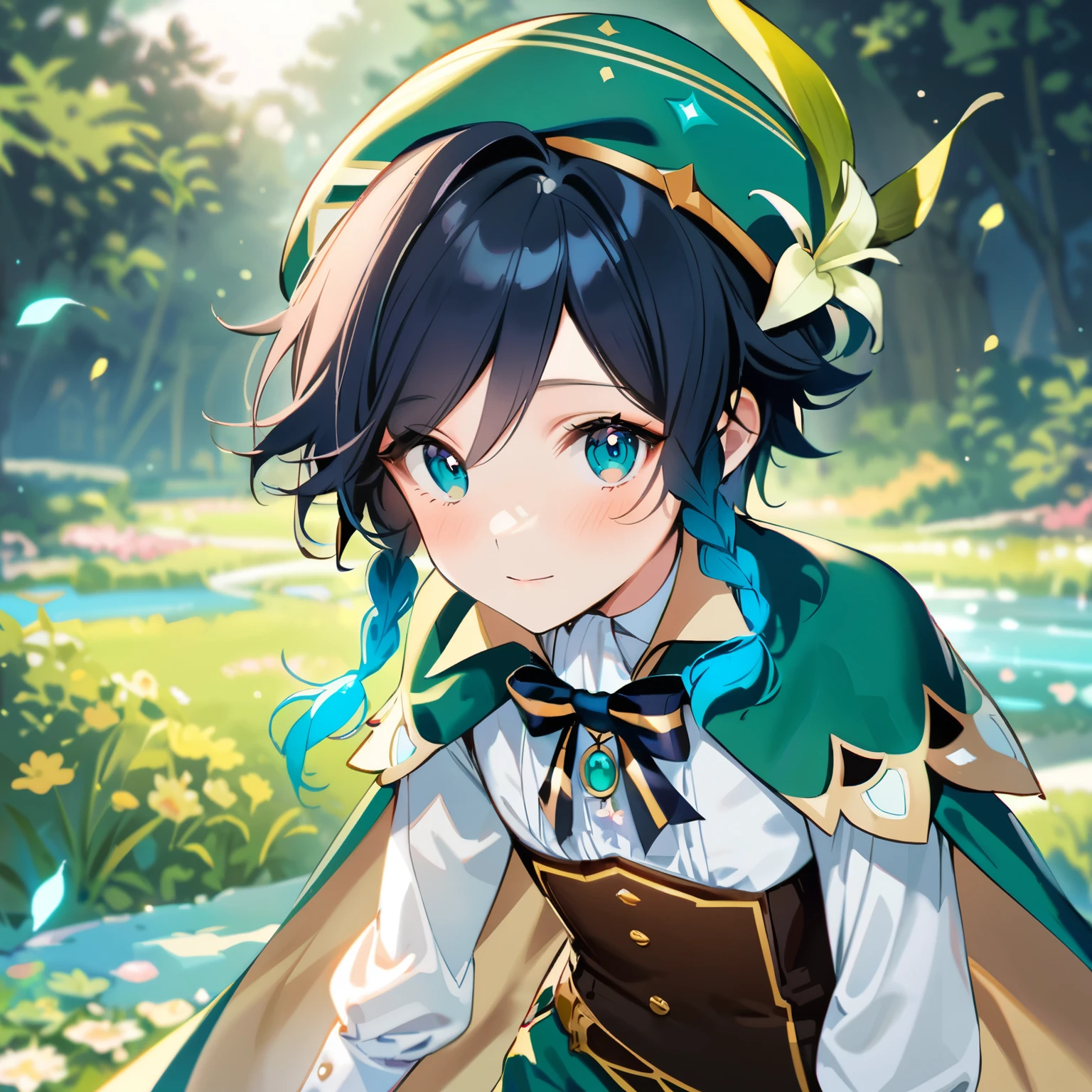 (best quality,4k,8k,highres,masterpiece:1.2),1boy,venti genshin impact,male focus,flat chest,ultra-detailed,realistic:.5,(dsmile:0.5),morning of spring,delicate light rays,rich color palette,elegant curves,effects of light and shadow,flower petals falling,springtime essence,ethereal atmosphere,peaceful garden background,morning dew,soft sunlight filtering through trees,lush plants,komorebi,vividly colored blossoms,transcendent beauty,awe-inspiring artwork,white long-sleeved shirt, brown corset,green shorts, white tights,green cape,hat,brooch,green eyes,wise and kind god,cinematic lighting, ray tracing, UHD, high details, high quality, award winning, super detail,wind magic