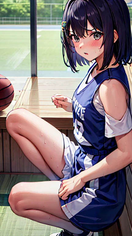 (Highest quality)), ((masterpiece)), (detailed), One girl, basketball、（（shoot、ダンクshoot））、（One-handed dunk）、Slam Dunk、Black Hair、Shortcuts、basketballコート、indoor、gym、From above、Uplifting、（（Japanese、high school girl））Slam the ball into the goal、Sweat、飛び散るSweat、Wet、Super Jump、【【Jumping pretty high】】、（（片手でbasketballを持っている））、From aboveアングル、