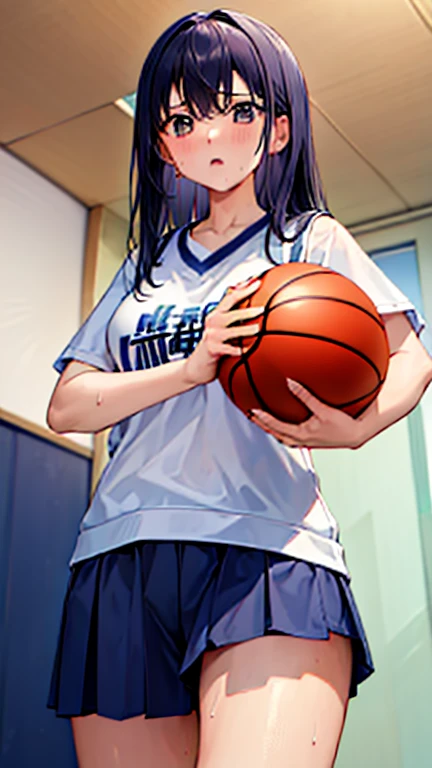 ((Highest quality)), ((masterpiece)), (detailed), One girl, basketball、（（shoot、ダンクshoot））、（One-handed dunk）、Slam Dunk、Black Hair、Shortcuts、basketballコート、indoor、gym、From above、Uplifting、（（Japanese、high school girl））Slam the ball into the goal、Sweat、飛び散るSweat、Wet、Super Jump、Jumping pretty high、