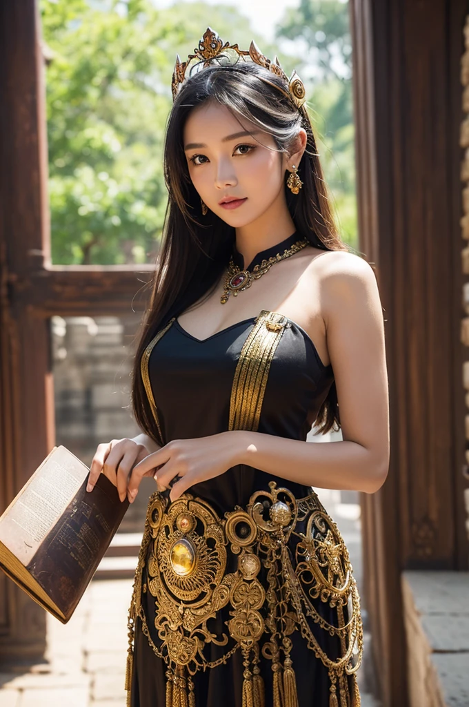 from Angkor wat Gate has a beautiful woman queen of Cambodian , award-winning photography, stands holding a book of leaves in a beautiful traditional a dress golden crown, with beautiful eyes, a beautiful smile, and the appearance of an ancient Khmer woman., ((steampunk style)), (mechanisms), fantasy, gear decoration, (((arcane style))), League of Legends style,(large depth of field effect), (focus on the subject), emphasis on foreground elements, sharp focus, soft background,