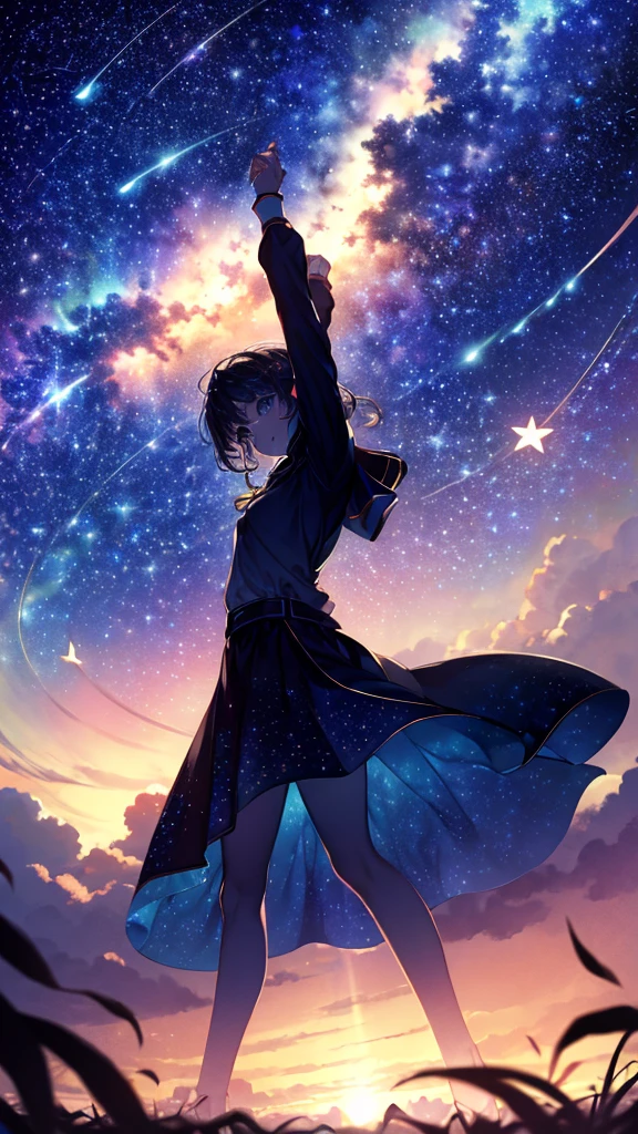 ((masterpiece))、((Highest quality))、((Realistic feel))、((Starry Sky:1.6))、Pitch Black、Moonlight shines、Immersion、Cool blue shade、1People Girls、Looking at the distant sky、Stretch out your arms、Get excited、Optical rotation、The sky is high、Dim and dim、High Contrast、Super beautiful graphics