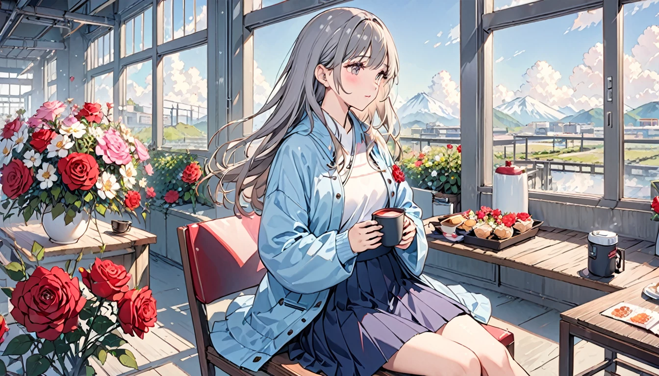 (masterpiece:1.2)、Highest quality、PIXIV、flot、 1girl, A woman、solo, Sitting, Long Hair, flower, Chair, Food, ピンクのflower, cup, Keep, Long sleeve, ピンクのskirt, Rose, skirt, Jacket, Grey Hair, surface, Pink Roses, Indoors, blush, bangs, factory, Keepcup, のJacket, profile, coat, 長いskirt, flower瓶