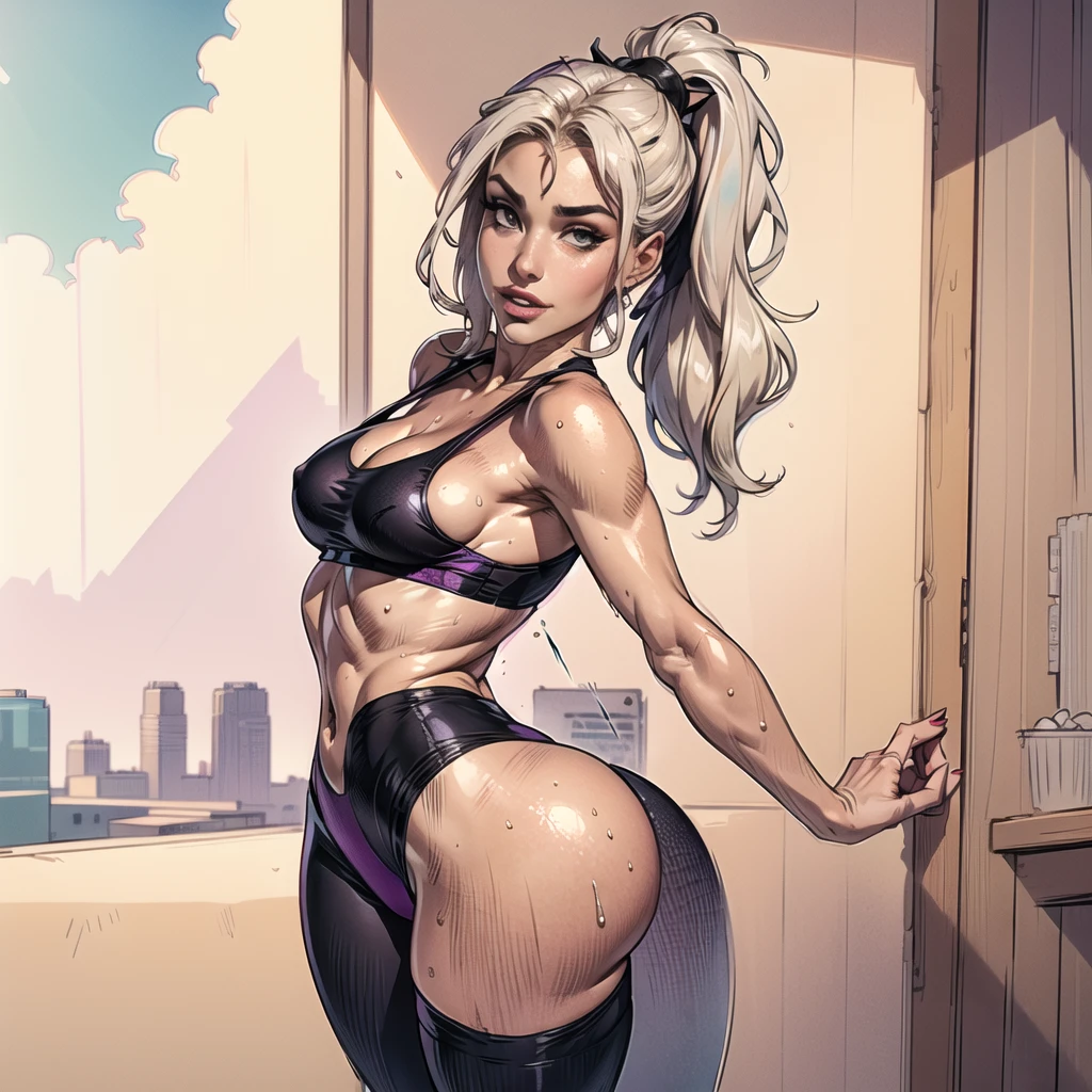 ((ultrahigh resolution, great quality)), (((8k, photo and raw, best quality, masterpiece, hyperrealistic))), incredible, extremely detailed, sharp focus, real person, only one girl, ((1 very girl attractive and beautiful)), (((((Lena Paul's facial features))))), (((((Lena Paul's face))))), (((((Lena Paul's body))))), (((((long platinum blonde hair with ponytail))))), (((veryDetailed face))), ((model body, sexy body, slim body)), ((((Lena Paul in the gym with sexy purple and black, purple and black lycra, 4D Stretch sports bra with round neckline and raspberry V-back, black leggings, purple and black tights, purple tank top, in the gym, sweaty, hairstyle with ponytail, sweaty skin, sweaty hair, playboy photo style, captivating and tempting, posing smiling, Lena Paul, Realistic, sensual look, sexy, Instagram model, Sensual, sexy smile, sensual posing, natural pose, happy and sexy expression, goddess, perfect physical proportions, peeping from behind, View from behind, view from back, shot from behind)))), ((beautiful smile, sexy smile)), ((perfect mouth)), ((perfect legs)), navel piercing, (Beautiful face), sinuous look, sexy look, half smile, stitching, (((real skin))), (((detailed skin))), cinematic lighting, (((perfect detailed and pretty eyes))), ((Highly detailed body, perfect body measurements)), ((detailed and tempting lips)), (((((medium breast))))), ((marking body clothes, Marked breasts, Generous cleavage)), 1 navel, rosy cheeks, ((Juicy and sexy lips, perfect lips)), naughty smile, wild and sexy hair, Full body view, ((masterpiece)), (((best quality))), (((ultra high))), (((hyperrealistic))), (((photorealistic))), Highly detailed CG unit 8k wallpaper, shot style, complex, High detail, Dramatic, Highest Quality Movie Still Image, Masterpiece, Best Quality, Realistic Ultra Detailed Rendering Style, ((Natural Light)), Crisp Characte, DSLR, Fujifilm XT3, intricate details, natural photography, natural light, (sketch effect)