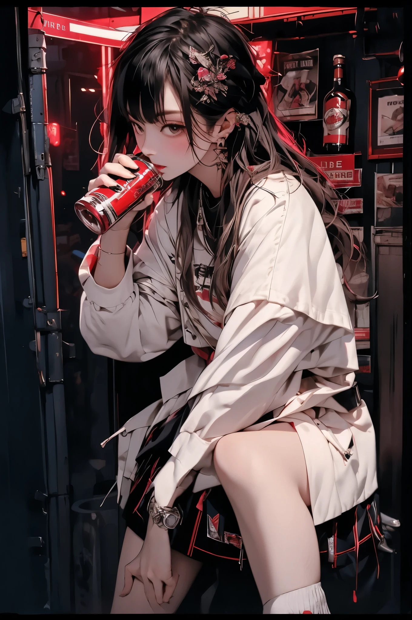 1girl(1.5),(masterpiece), (best quality), (Extremely detailed), nightclub, sexclub, club, carnival, red light, darkroom, smokes, FOG, grope, Harassment, , Alcohol, 大leg, leg, skirt