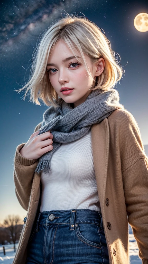 {1girl}, {solo}, illustration, [[{smile}]], {{{{best quality}}}}, {{{dynamic angle}}}, {{{snow}}}, white hair, short hair, {{{beautiful night sky}}}, {{{{masterpiece}}}}, {{{dynamic hair}}}, {{{dynamic pose}}}, {{blushing}}, {moon}, {{{beautiful detailed hands}}}, {{star (sky)}}, hyper detailed, milky way}, white_sweater, medium breasts, brown_coat, white_scarf, {{{beautiful detaild snow}}}, {city}, {{{blue eyes}}},