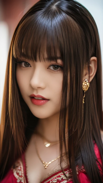 Best Images, (8k, RAW Photos, Realistic), A neat and beautiful Japanese woman, Rainbow light brown straight hair, big, Sparkling blue eyes, Long eyelashes, double eyelid, Half-open crimson alluring moist big thick lips, big Breasts, Side bust, Under the chest, Abdominal muscles, thin, Perfect Proportions, whole body, Black ao dai with gold embroidery, Blurred background red、Cowboy Shot