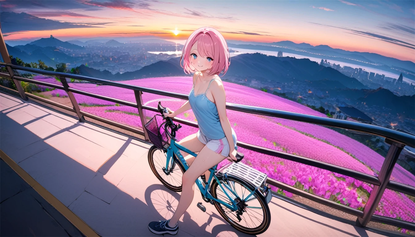 (1 girl),(Best Picture Quality, 8K, Masterpiece:1.3), (high school student:1.5), ((pink lob hair:1.1)), (bob cut),(swept bangs), (cute eyes, pupil black, iris skyblue, youthful face), (mole under right eye), (standard weight), (small breasts), (glistening skin:1.1),(pale skin:1.2),((camisole, hot pants)),(Smile),(sweat),((riding pink road bicycle)),(full body),((magnificent view)).