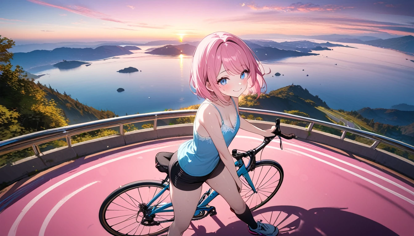 (1 girl),(Best Picture Quality, 8K, Masterpiece:1.3), (high school student:1.5), ((pink lob hair:1.1)), (bob cut),(swept bangs), (cute eyes, pupil black, iris skyblue, youthful face), (mole under right eye), (standard weight), (small breasts), (glistening skin:1.1),(pale skin:1.2),((camisole, hot pants)),(Smile),(sweat),((riding pink road bicycle)),(full body),((magnificent view)).