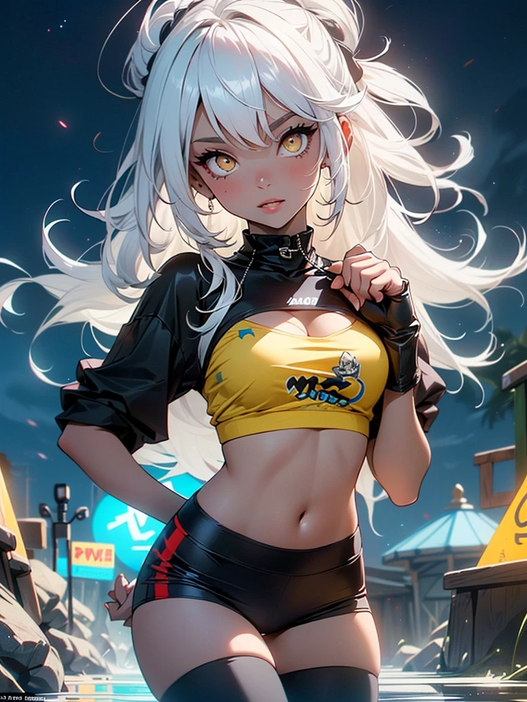 girl sporty,((attractive girl)),
(large breasts:1.4),saggy breasts,(((white hair:1.4,white ponytail hairstyle:1.5,very long hair:1.5))),((heterochromia:1.5, (orange_eye and pink_eye))),intricate eyes,beautiful detailed eyes,symmetrical eyes,((fat))(((lustrous skin:1.5,bright skin: 1.5,skin tanned,shiny skin,very shiny skin,shiny body,plastic glitter skin,exaggerated shiny skin,illuminated skin, wet legs))),(spider lower abdomen,narrow waist,wide hip,athletic body,inflated legs, thick thighs,detailed body,(detailed face)),
cute,slutty,seductive,erotic,(((nsfw))),
revealing clothing,show skin,with micro clothes,almost totally naked,with little clothing,(tiny thong),generous neckline,((tight sports bra, tight sports thong,((orange and black clothes)))),(((underboob))),((wet clothes,intricate outfit,intricate clothes)),
(dynamic pose:1.0),embarrassed,(centered,scale to fit dimensions,Rule of thirds),
cyberpunk city by the ocean at night, with bright neon signs and dark stormy clouds and puddles, scenery:1.25,nighttime, starry night, cosmos,Very dark night that makes the neon lights stand out, very bright neon lights,
artistic photography,(photography taken by sldr),highres, sharp focus,(ultra detailed, extremely detailed), (photorealistic artwork:1.37),(extremely detailed CG unity 8k wallpaper),((synthwave background theme)),(((vibrant colors))),intricate,(intricate background),(masterpiece),(best quality),perfect rendered face,perfect face details,realistic face,photo realistic,analog style,((intricate detail)),(((realism))),