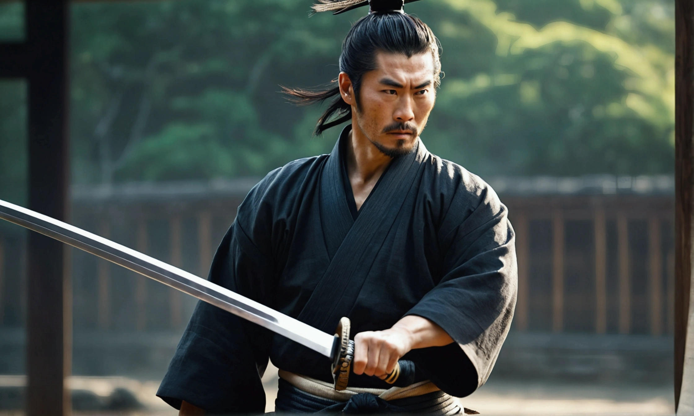 Samurai Swordsman: Create an image of a samurai demonstrating extraordinary swordsmanship, Slicing his enemies with his blade, Showcasing his unparalleled skills, narrative poem, 8k,Samurai with a sword, Realistic effect of wearing black hakama, Blur the background, 8k, Cinema Taste