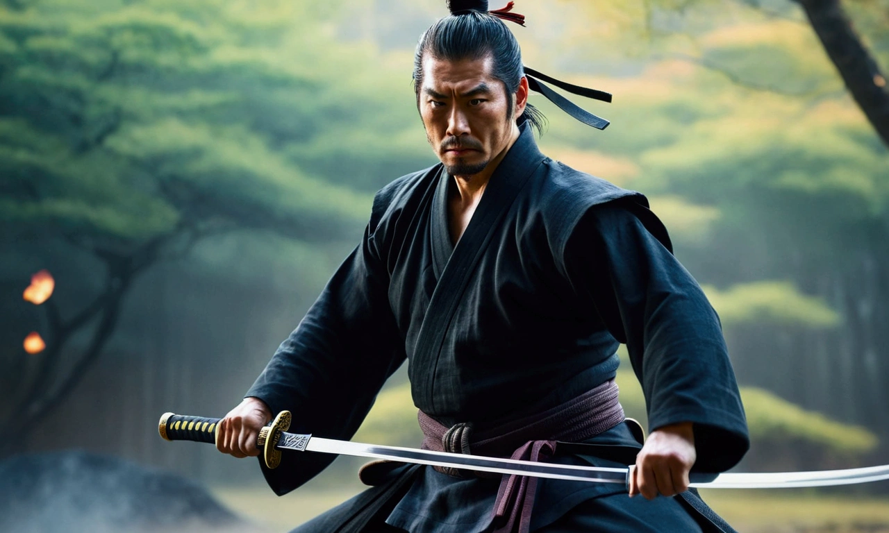 Samurai Swordsman: Create an image of a samurai demonstrating extraordinary swordsmanship, Slicing his enemies with his blade, Showcasing his unparalleled skills, narrative poem, 8k,Samurai with a sword, Realistic effect of wearing black hakama, Blur the background, 8k, Cinema Taste
