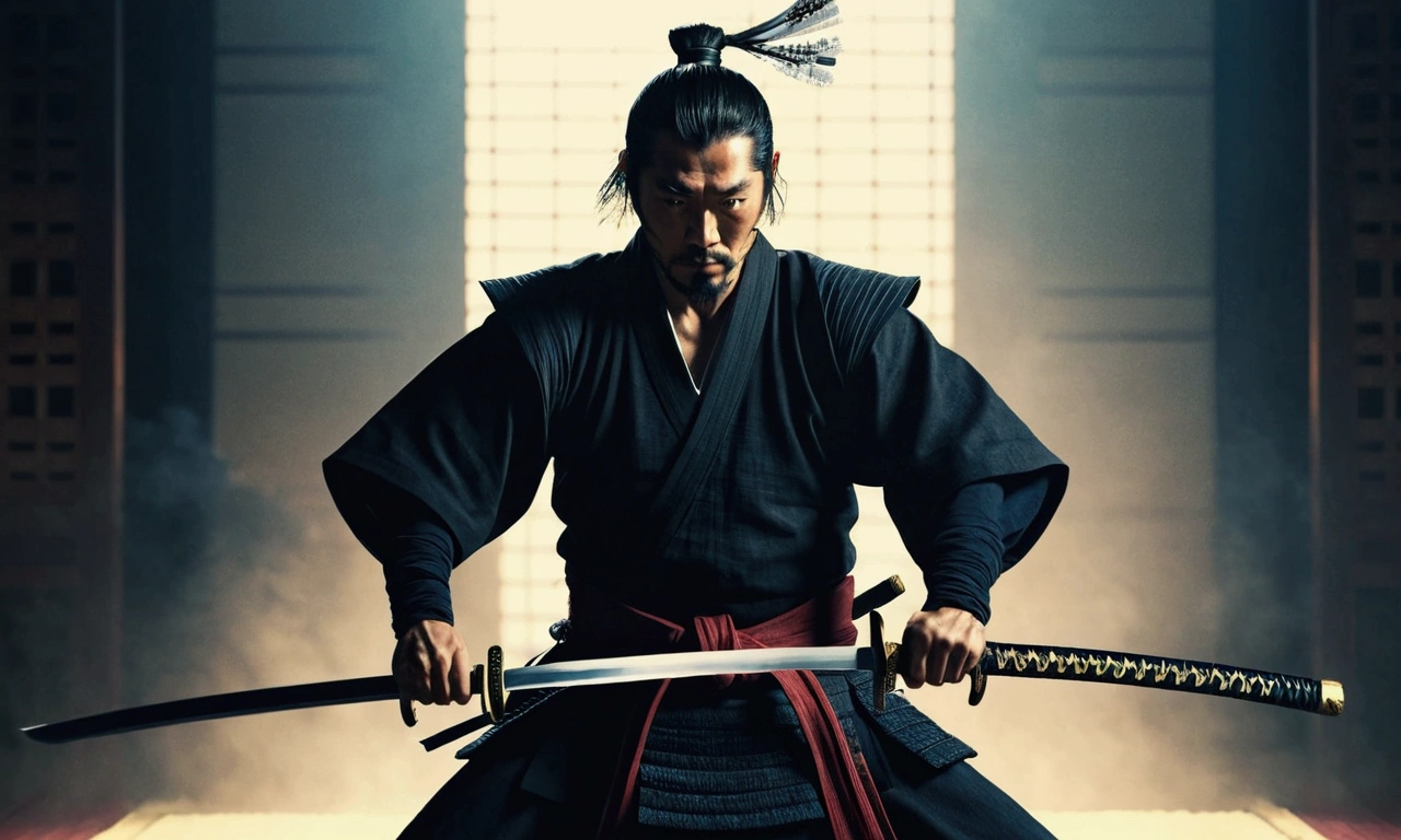 Samurai Swordsman: Create an image of a samurai demonstrating extraordinary swordsmanship, Slicing his enemies with his blade, Showcasing his unparalleled skills, narrative poem, 8k,Samurai with a sword, Realistic effect of wearing black hakama, Blur the background, 8k, Cinema Taste