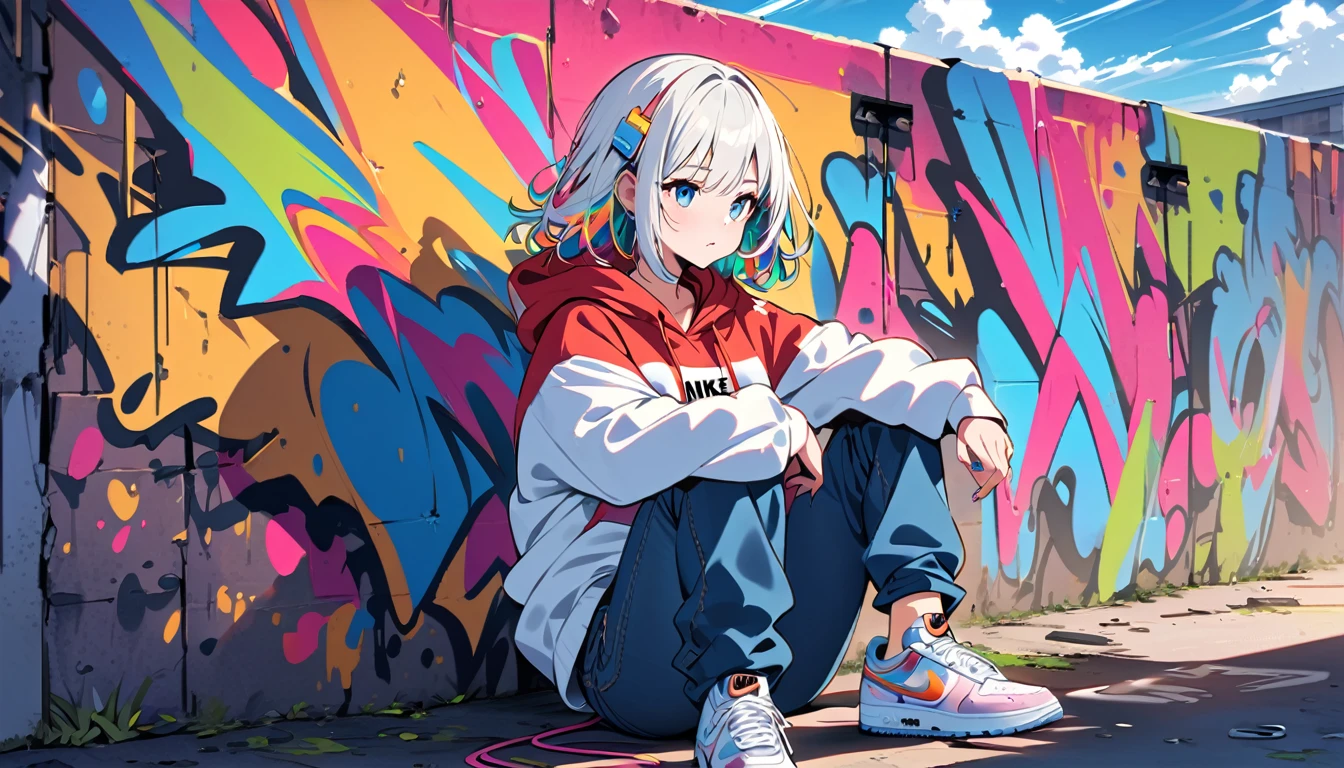 HD 8K Handsome sexy-cute, Solitary, 1 female, Medium Length Hair, white hair, Rainbow hair, blue Eyes, Rainbow headphone, hoodie, colored hoodie, denim shorts, sneakers logo to NIKE, Human focus, outdoor, blue sky, White clouds, graffiti spray art wall,