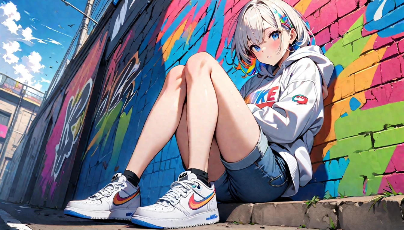 HD 8K Handsome sexy-cute, Solitary, 1 female, Medium Length Hair, white hair, Rainbow hair, blue Eyes, Rainbow headphone, hoodie, colored hoodie, denim shorts, sneakers logo to NIKE, Human focus, outdoor, blue sky, White clouds, graffiti spray art wall,