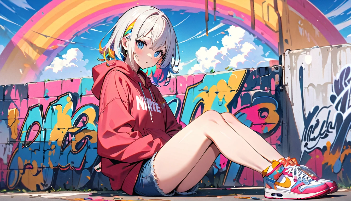HD 8K Handsome sexy-cute, Solitary, 1 female, Medium Length Hair, white hair, Rainbow hair, blue Eyes, Rainbow headphone, hoodie, colored hoodie, denim shorts, sneakers logo to NIKE, Human focus, outdoor, blue sky, White clouds, graffiti spray art wall,