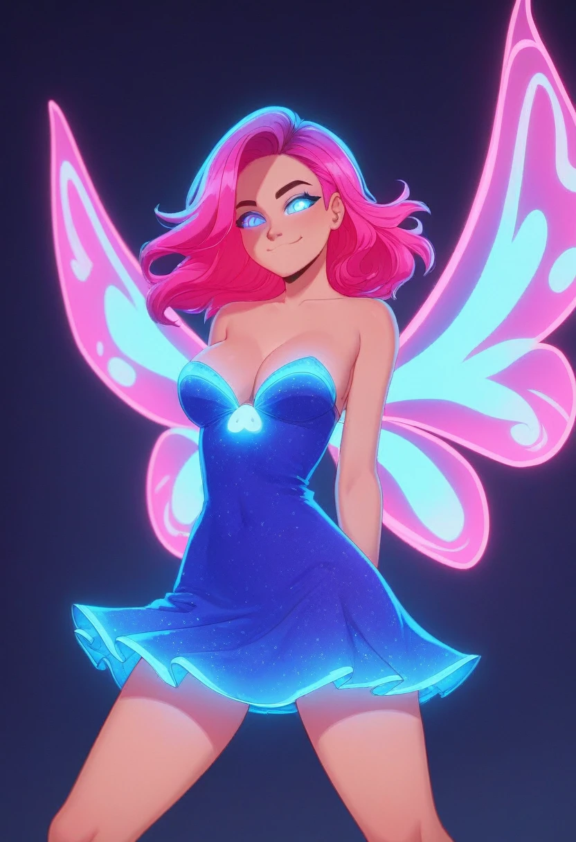 score_9_up, score_8_up, score_7_up, source_cartoon, night sky, pixie, glowing-neon-butterfly-wings, ((glowing-neon-dress)), glowing-neon-hair, 1girl, glowing-eyes, devious smile, 