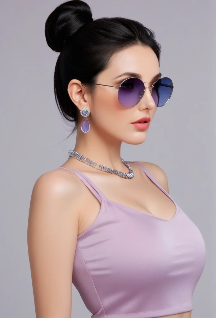 Hot sexy beautiful milf mom , hoops earrings,black hair,long slick back hair,blush,blue eyes, necklace ,one hair bun, lipstick,  a light purple turtleneck, dark, flowing transparent lobg skirt,black sunglasses on head, protruding ass, waist shot, ass to camera