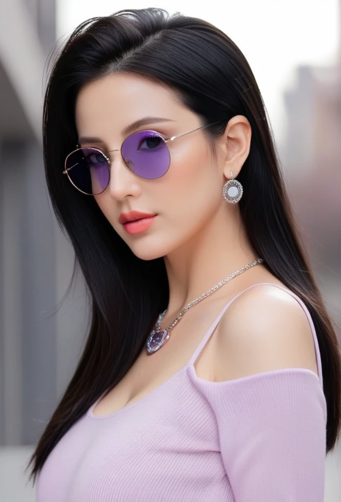 Hot sexy beautiful milf mom , hoops earrings,black hair,long slick back hair,blush,blue eyes, necklace ,one hair bun, lipstick,  a light purple turtleneck, dark, flowing transparent lobg skirt,black sunglasses on head, protruding ass, waist shot, ass to camera