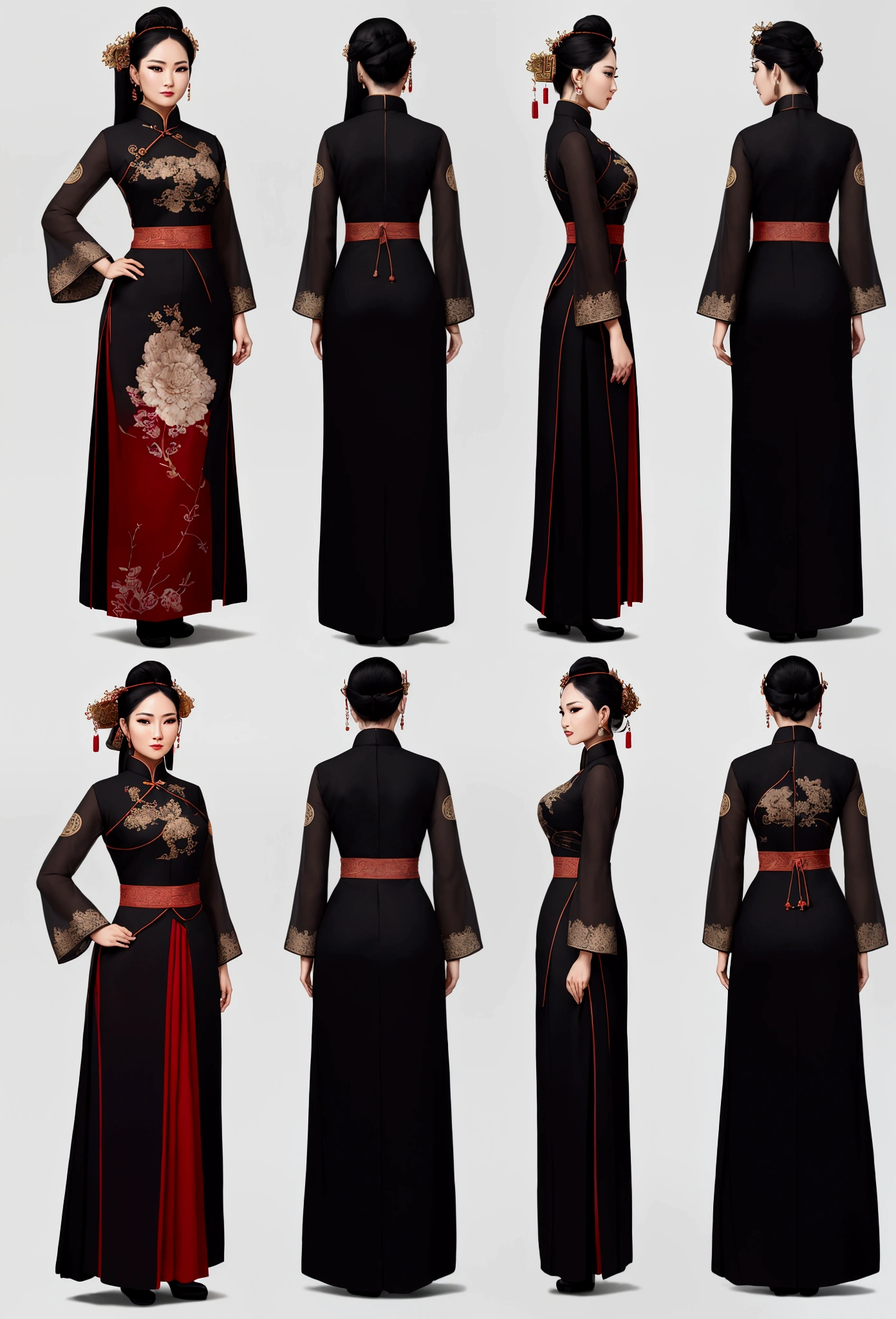 Create a practical yet refined outfit for commoners in a society inspired by ancient Chinese with Malaysia Kebaya clothing influences. The clothing should be made from durable, comfortable materials and feature simple yet elegant designs. Utilize shades of black and incorporate triangular motifs in the patterns and embroidery. The outfit should blend the functionality of chinese workwear with the flowing lines of Malaysia Kebaya attire. Accessories should be minimal but functional, such as sashes, simple jewelry, and headbands. The overall look should reflect the commoners' respect for strength and honor, while being suitable for daily activities. reference sheet, character chart, (((three-sided view, front front view, side view, back view, multiple views, multiple poses and expressions, many parts))), give space to each view, 8K resolution, high details, high quality, highres, anatomically correct