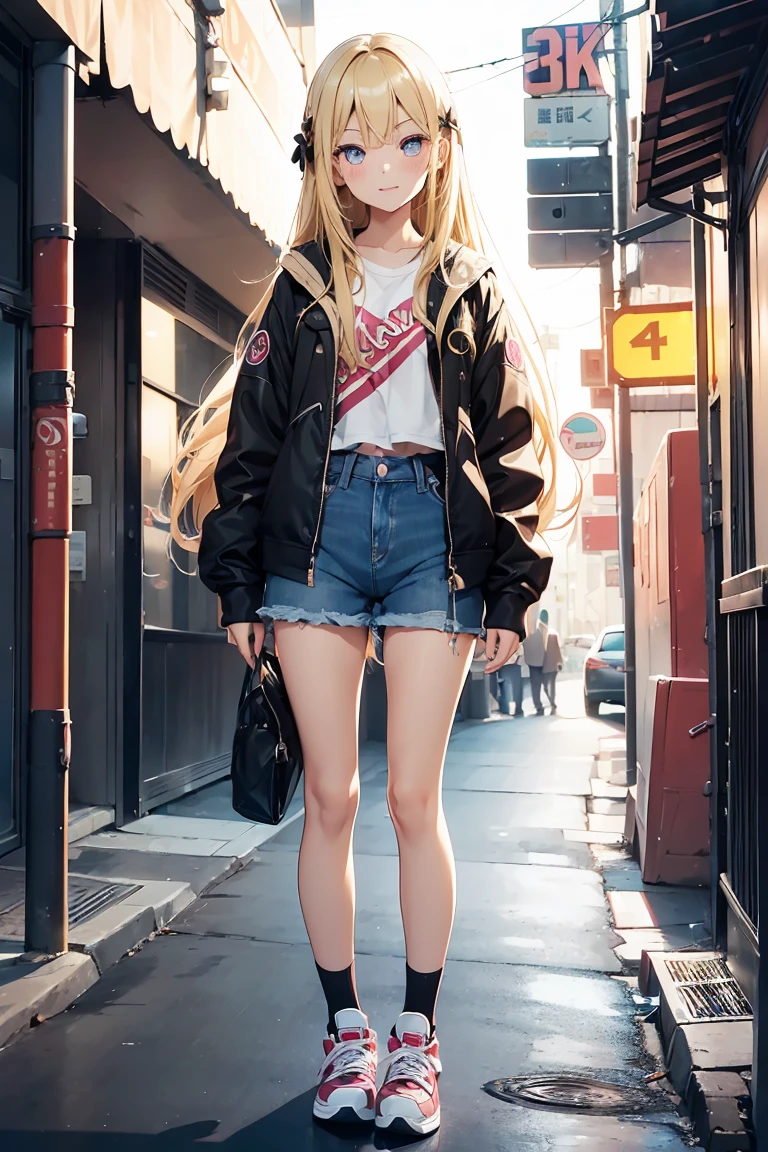 ((1 girl)), fine, Grin, Latest Fashion Trends, (Hairpins in the bangs), younger sister, sneakers, Denim shorts, Black Pantyhose, かわいいyounger sister, Full Body,((Very detailed,Highest quality, High resolution, 8k wallpaper, Beautiful clothes,)),((blonde, Long Hair,Straight hair)), blush , (Crimson Eyes),eye shadow, eyeliner,Glow Eye, Very detailedな目, Beautiful Eyes, 14-year-old girl, Accurate ???????