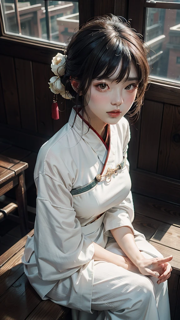 1girl, solo, white hanfu, at the wooden window, looking down, ancient chinese architecture, large breast out, (photorealistic:1.4), official art, unity 8k wallpaper, ultra detailed, beautiful and aesthetic, masterpiece,best quality, (dynamic angle:1.4), glowing skin, (floating colorful sparkles:1) the most beautiful form of chaos, elegant, a brutalist designed, vivid colours, romanticism