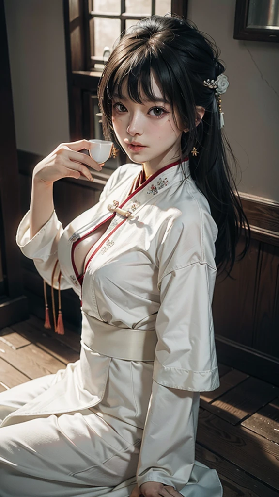 1girl, solo, white hanfu, at the wooden window, looking down, ancient chinese architecture, large breast out, (photorealistic:1.4), official art, unity 8k wallpaper, ultra detailed, beautiful and aesthetic, masterpiece,best quality, (dynamic angle:1.4), glowing skin, (floating colorful sparkles:1) the most beautiful form of chaos, elegant, a brutalist designed, vivid colours, romanticism