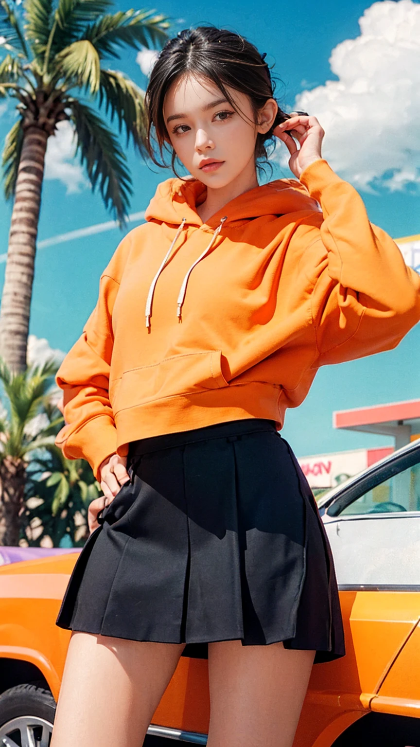 ((medium shot cimematic portrait)) one of cute 23 yo girl, natural medium breast,wear ((orange oversized_hoodie)), wear ((purple tennis skirt)),looking front,Best Quality,Masterpiece,Ultra High Resolution,(Realisticity:1.4),Original Photo, 1Girl, light leak,ultra high resolution,UHD,beautiful, (black straight hair), almond eye, no makeup, in front of ((80's colorful gas station)), (realistic:1.2), (very detailed:1.1), ((masterpiece)),summer, blue sky, palm trees,sunny, los angles vibes,film camera, 800mm lens,style of Philip Lorca diCorcia
