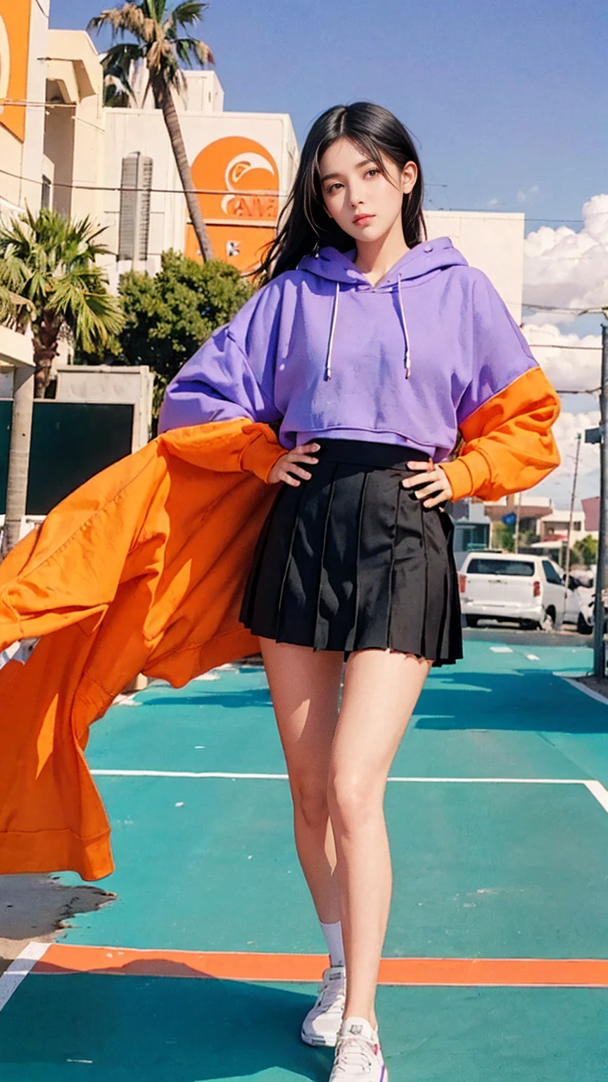 ((medium shot cimematic portrait)) one of cute 23 yo girl, natural medium breast,wear ((orange oversized_hoodie)), wear ((purple tennis skirt)),looking front,Best Quality,Masterpiece,Ultra High Resolution,(Realisticity:1.4),Original Photo, 1Girl, light leak,ultra high resolution,UHD,beautiful, (black straight hair), almond eye, no makeup, in front of ((80's colorful gas station)), (realistic:1.2), (very detailed:1.1), ((masterpiece)),summer, blue sky, palm trees,sunny, los angles vibes,film camera, 800mm lens,style of Philip Lorca diCorcia