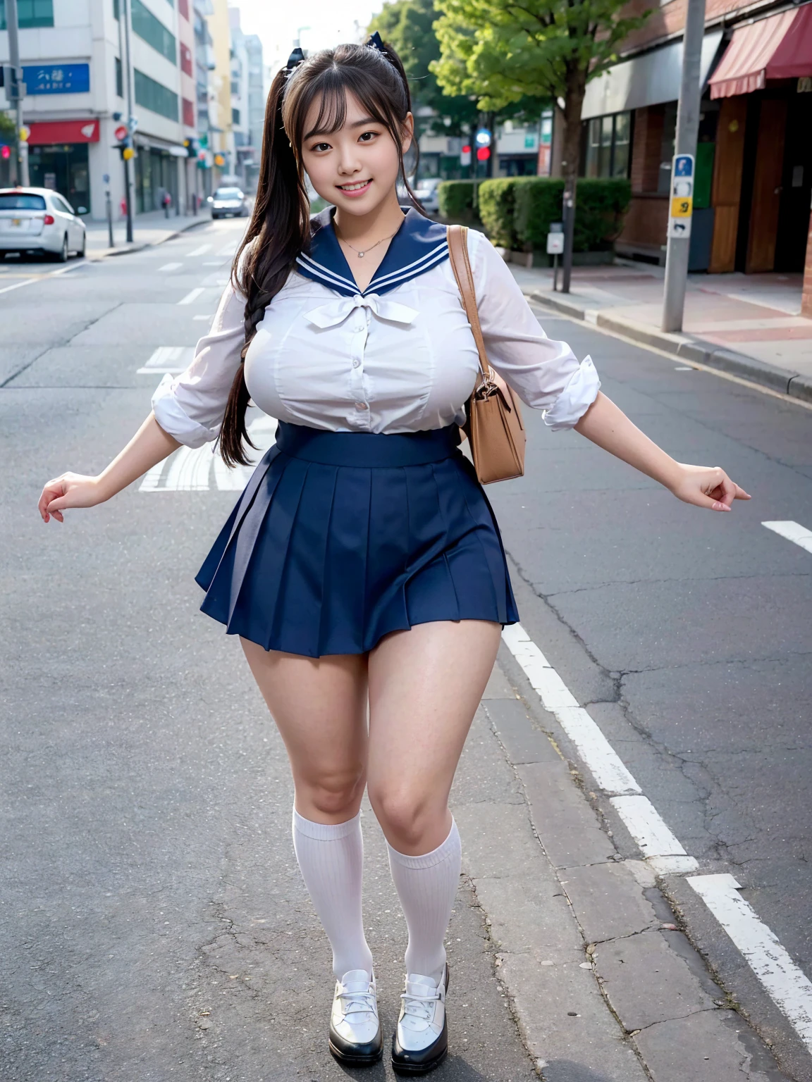 (Canon RF85mmf/1.2,masterpiece,Highest quality,Ultra-high resolution)((美しい太めのムチムチしたギャル女性20-year-oldソロ)) ((Highest quality、8k、masterpiece))((Photogenic quality:1.5))A plump, chubby body、((Plump round face))Highly detailed CG Unity 8k wallpaper, Highest quality, Super detailed, masterpiece, Realistic, photo Realistic, Highly detailed cute girl, 20-year-old, (Skirt flip), ((Her super mini skirt was blown up by the strong wind, exposing her panties)), White panties , Panty Focus, A happy smile showing teeth, Part your lips, View your viewers  , Full body portrait ,  Short sailor suit  ,Big breasts and wide open chest、 Wearing knee-high socks、Twin tail hair、On an empty city street