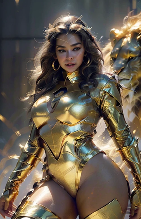 create a super beautiful photo of a semi chubby goddess, wearing a gold outfit with crown and halo, with a mighty lion by her side, cinematic effect, extremely detailed, with intricate details, shinny, expensive, glorious, photorealistic, hyper realistic, glowing skin, gold holograpic shine effect on skin, HD quality, 8k, half body shot