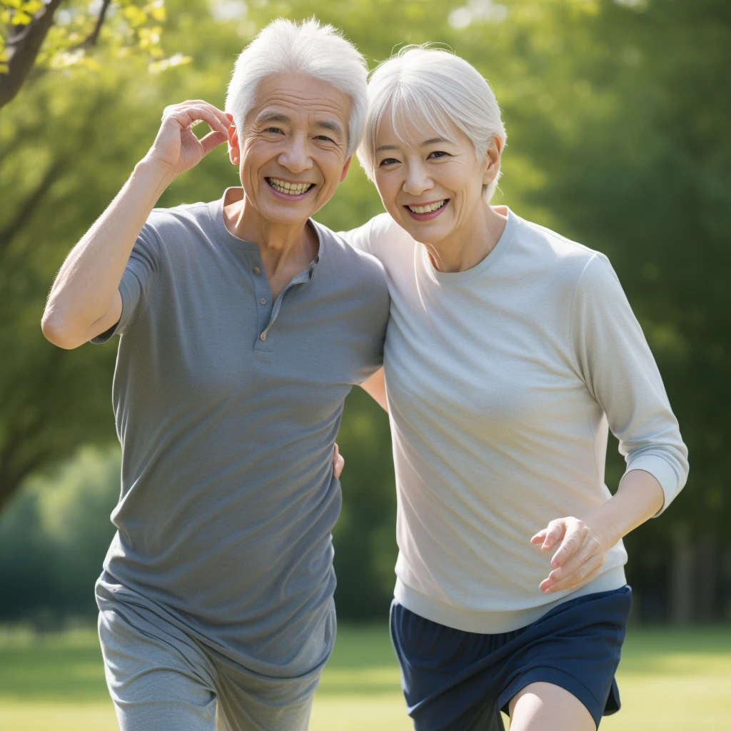 (Realistic),70-year-old Japanese woman and man,Gray Hair、Running in the park,smile,(Highest quality), (masterpiece), (High resolution), original, Highly detailed 8K wallpapers, (Very delicate) ,