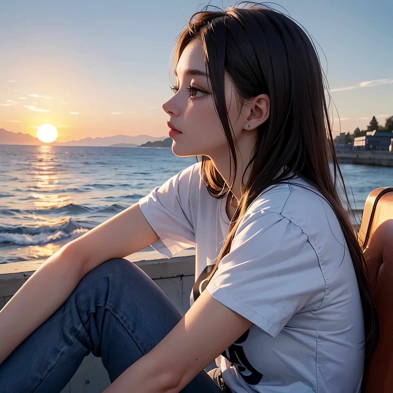 Upper body close-up image.A beautiful woman. Twenty years old. Dark brown hair. She is wearing a T-shirt and blue jeans. She is sitting on the breakwater in the twilight. The summer setting sun illuminates her face. A masterpiece.
