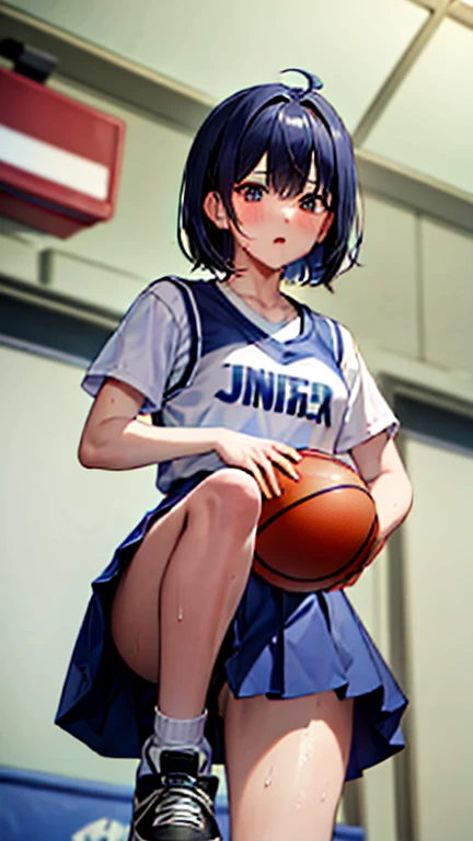 ((Highest quality)), ((masterpiece)), (detailed), One girl, basketball、（（shoot、ダンクshoot））、（One-handed dunk）、Slam Dunk、Black Hair、Shortcuts、basketballコート、indoor、gym、From above、Uplifting、（（Japanese、high school girl））Slam the ball into the goal、Sweat、飛び散るSweat、Wet、Super Jump、Jumping pretty high、