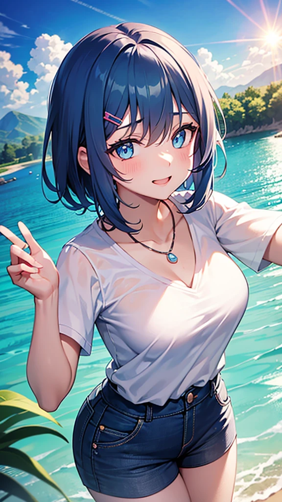 {1girl}, {solo}, best illustration, [[{smile}]], {{{{best quality}}}}, {{day}}, {{{dynamic angle}}}, light_blue_hair, curly_hair, short hair, summer, {stocking}, [wet clothes], {{{{masterpiece}}}}, {{{dynamic hair}}}, {{{dynamic pose}}}, {{blushing}}, {{{beautiful-detailed hands}}}, hyper detailed, {{white shirt}}, shorts, medium breasts, {{{beautiful_detailed_eyes}}}, {{river}}, {{{glow_blue_eyes}}}, {{cinematic lighting}}, {{light_from_behind}}, {{{{glow_blue_particles}}}}, glow_pink_eyes, reflection, bright_sky, {{brightness_eyes}}, {blue necklace}, {{sun light}}, cloud, {{reflected_on_water}}, looking veiwer, blue_hair_clip, splash water, from above,