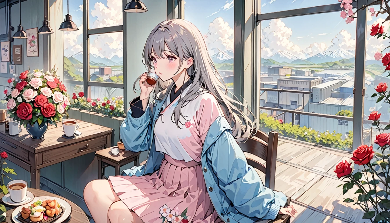 (masterpiece:1.2)、Highest quality、PIXIV、flot、 1girl, A woman、solo, Sitting, Long Hair, flower, Chair, Food, ピンクのflower, cup, Keep, Long sleeve, ピンクのskirt, Rose, skirt, Jacket, Grey Hair, surface, Pink Roses, Indoors, blush, bangs, factory, Keepcup, のJacket, profile, coat, 長いskirt, flower瓶